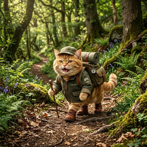Chubby British Ginger Cat in Realistic Hiking Attire