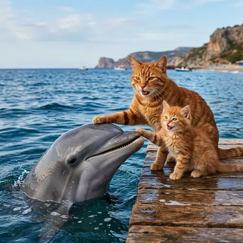 Auburn Cat and Kitten Stroking Dolphin by Seaside