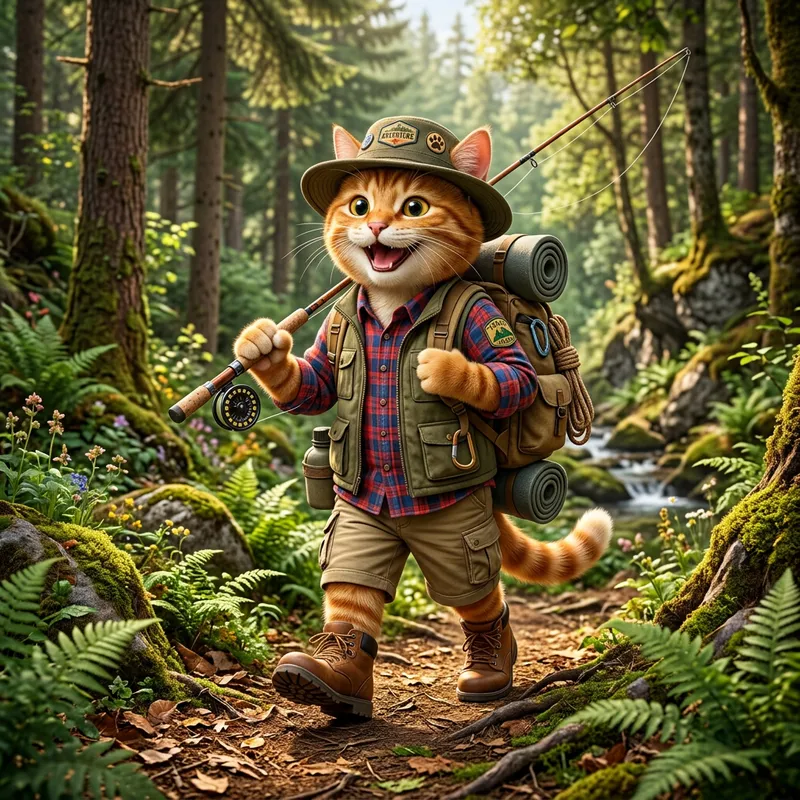 Joyful Cat Hiker: Realistic and High-Detailed Cartoon Character Joyful Cat Hiker: Realistic and High-Detailed Cartoon Character