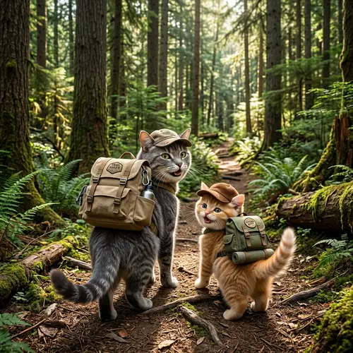 Realistic Gray Tomcat and Ginger Kitten Hiking in Forest