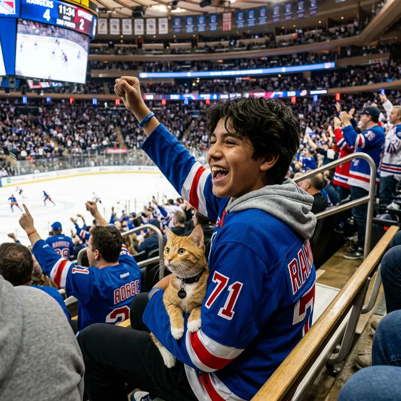 14-Year-Old Boy Watching Hockey Match with Tabby Cat