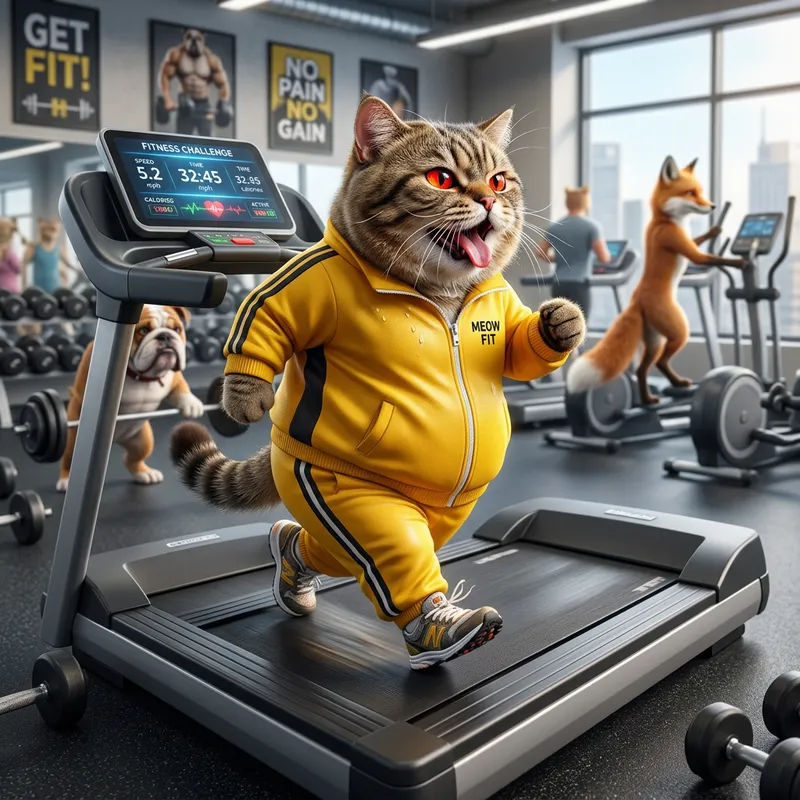 Hyperrealistic Overweight Cat Gym Workout | Yellow Tracksuit Treadmill Scene Hyperrealistic Overweight Cat Gym Workout | Yellow Tracksuit Treadmill Scene