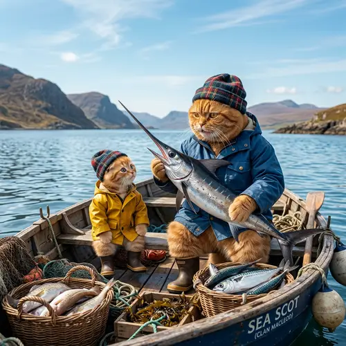 Ginger Scottish Cats Fishing - Realistic Style with Swordfish