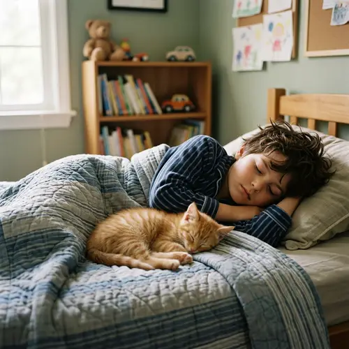 Beautiful 8-Year-Old Boy Sleeping with Ginger Kitten | Realistic Photo