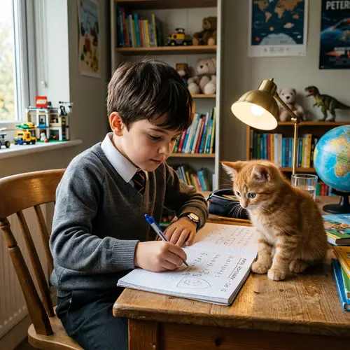 Realistic Homely Scene: Boy Studying with Ginger Kitten