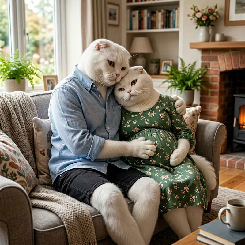 Realistic Scene of Pregnant White Cat Embraced by Scottish Partner