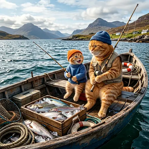 Father and Son Fishing: Realism and Charm in Scottish Cats' Delightful Adventure