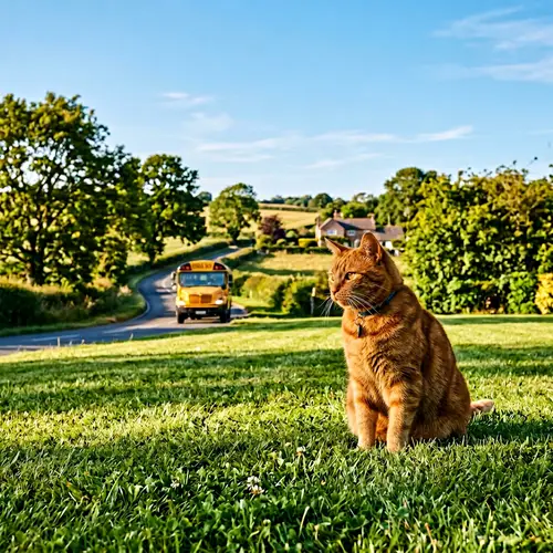 Tranquil Ginger Cat Watching School Bus on Sunny Summer Day