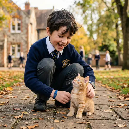 Beautiful 8-Year-Old Boy Playing with Ginger Kitten in School Uniform