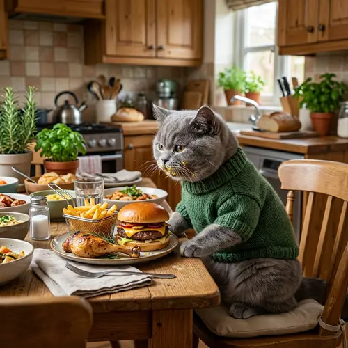 Realistic British Shorthair Kitten in Green Sweater Eating Meal