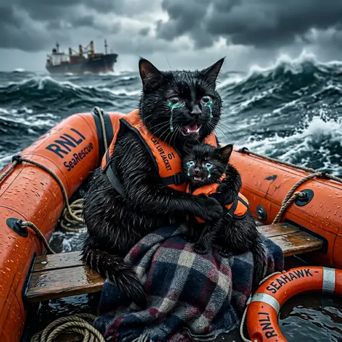 Black Cat and Kitten on Lifeboat: Realistic and Detailed Illustration