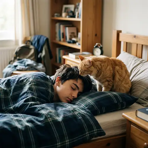 Beautiful 15-Year-Old Boy Sleeping with Ginger Cat in Aesthetic Style