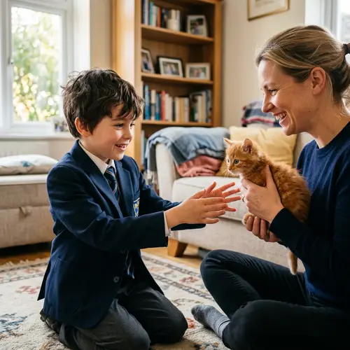 8-Year-Old Boy Receives Red-Haired Kitten: Realistic and Heartwarming Scene