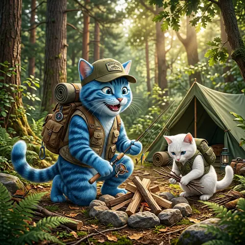 Blue Cat Tom Camping Adventure in Forest with White Cat Spouse