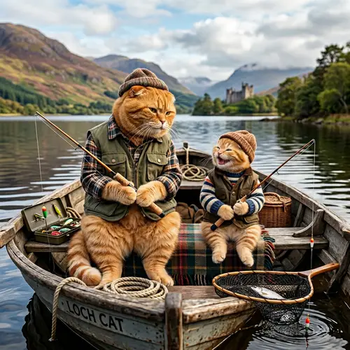 Ginger Scottish Fold Cat and Kitten Fishing in Boat