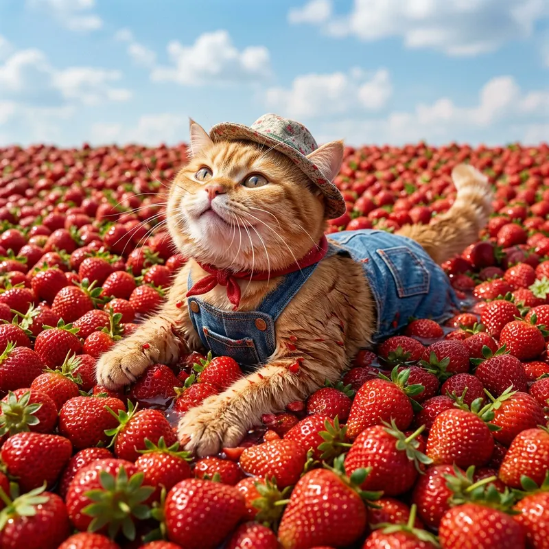 Cute British Cat Swimming in Strawberries