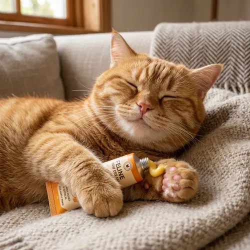 Adorable Scottish Ginger Cat Squeezing Yellow Cream - High Resolution Photo