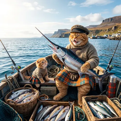 Jovial Ginger Father Scot Cat and Kitten Fishing Scene | Realism, Hyperrealism, Photorealism