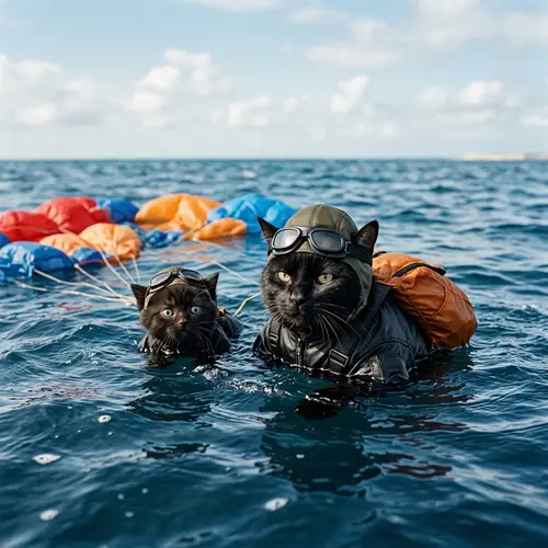 Realistic Black Cats Skydiving in Blue Sea - Stunning Image