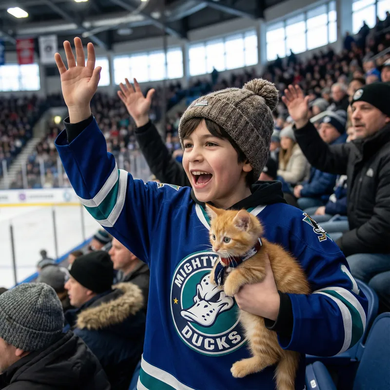 Cheerful 11-Year-Old Boy and Ginger Kitten at Hockey Game Cheerful 11-Year-Old Boy and Ginger Kitten at Hockey Game