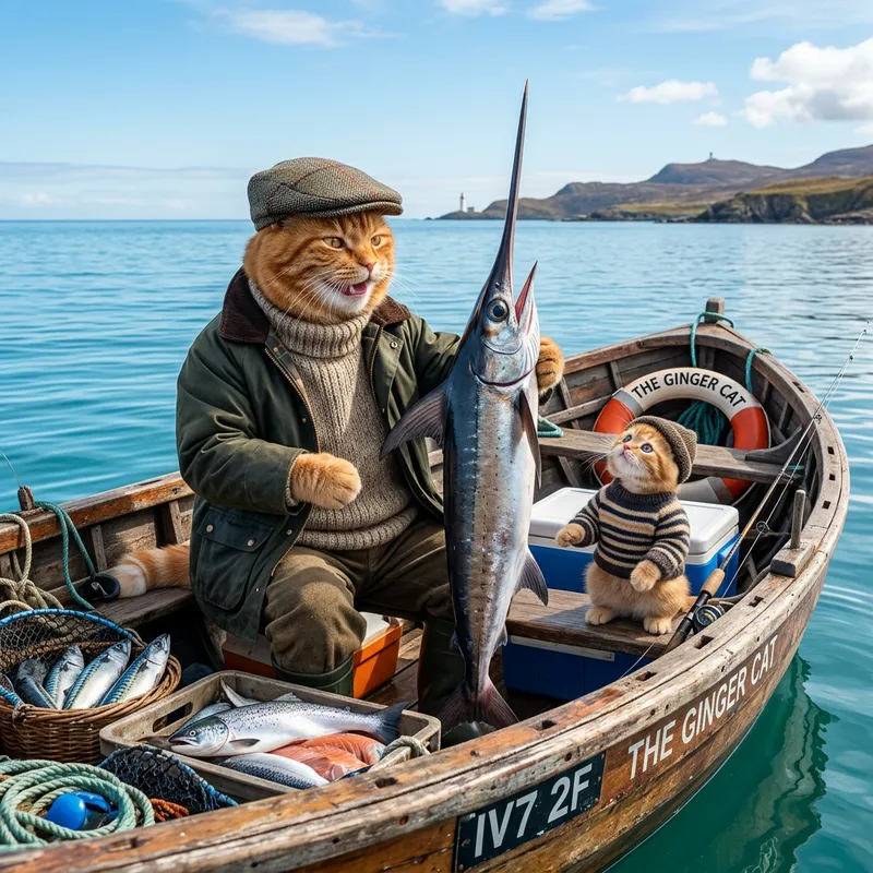 Delightful Fishing Scene: Ginger Scottish Cats Enjoying a High-Resolution Moment
