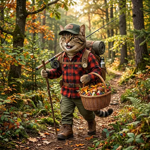 Cartoon Cat in Hiking Gear Collecting Mushrooms and Berries