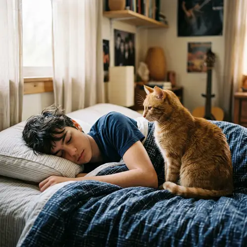Beautiful 15-Year-Old Boy Sleeping with Ginger Cat in Realistic Style