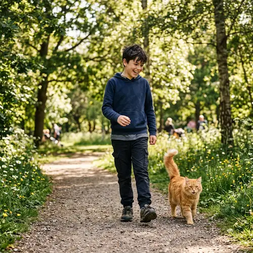 Joyful 12-Year-Old Boy Walking in Park with Ginger Cat | Realistic Scene