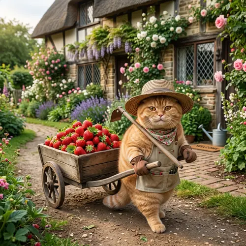 Charming Ginger British Shorthair Cat as Gardener