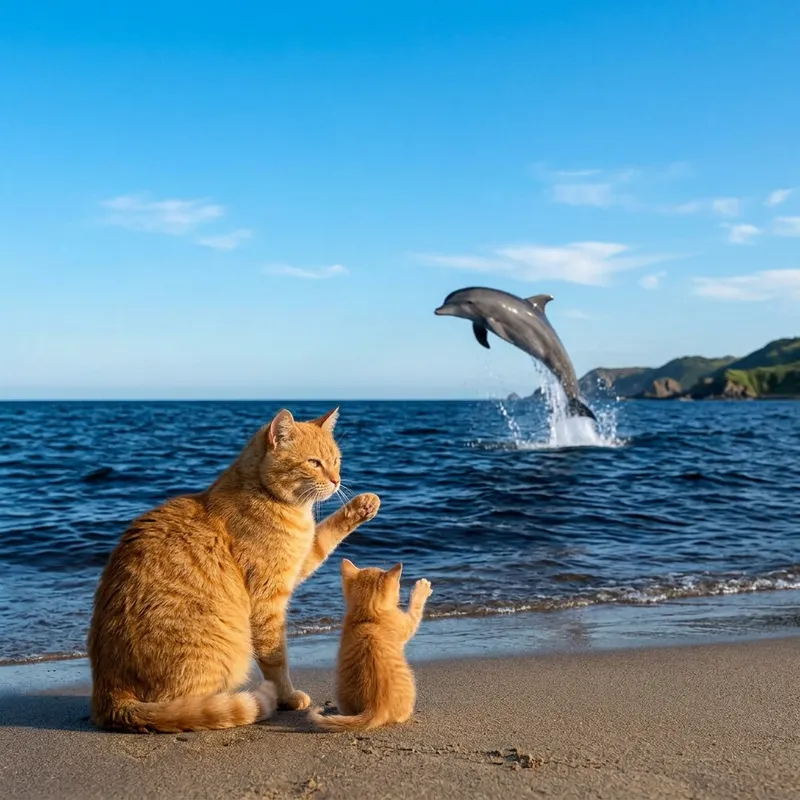Ginger Cat and Kitten Bid farewell to Dolphin at Blue Sea