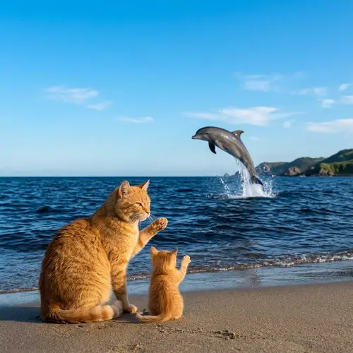 Ginger Cat and Kitten Watching Dolphin in Blue Sea