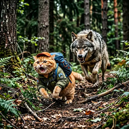 Chubby British Short Hair Cat vs Vicious Wolf in Realistic Forest Scene