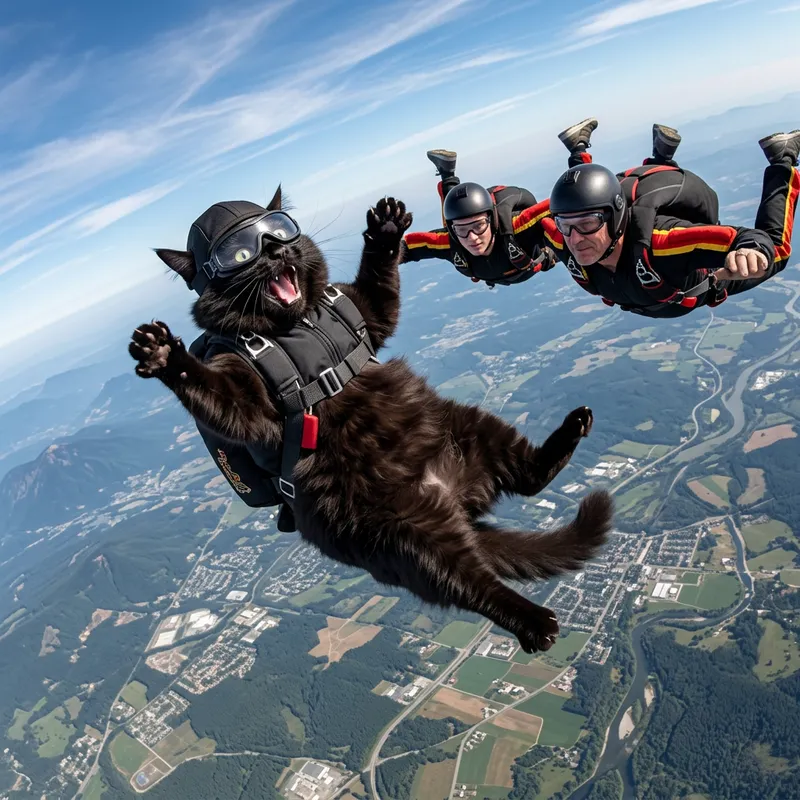 Chunky Black Cat Skydiving in Distress with Skydiver's Gear