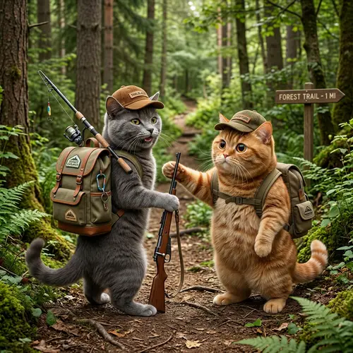 Realistic Grey and Red Cats in Hiking Gear - High Detail Photography