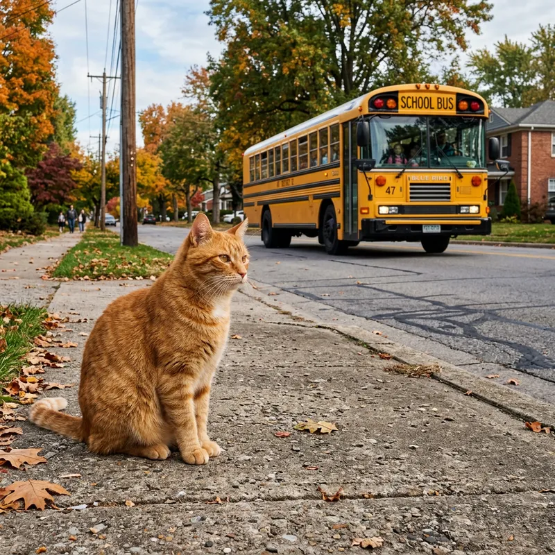 Ginger Cat Sitting on Sidewalk Watching School Bus | Photorealism & Aesthetics