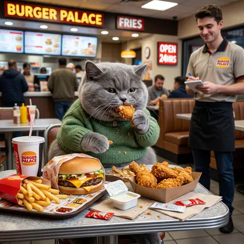 Fat British Kitten Eating in Fast Food Restaurant