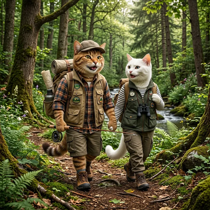 Realistic Animated Forest Encounter of Male and Female Cats in Explorer's Attire