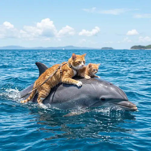 Ginger Tomcat and Kitten Swimming on Dolphin in Blue Sea