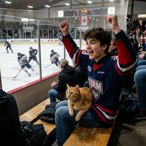 15-Year-Old Boy Watching Hockey Match with Ginger Cat