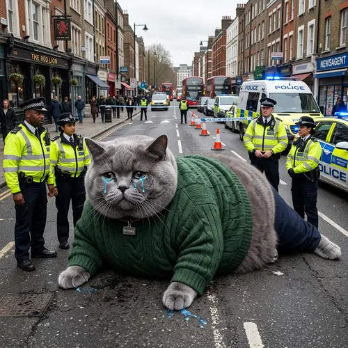 Realistic British Cat in Green Sweater Crying on Road with Police Officers