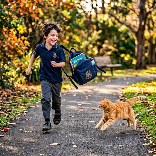 Ginger Cat Running to 8-Year-Old Boy in School Uniform | Realistic High-Resolution Painting