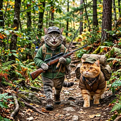 Realistic Gray and Orange Cats in Hiking Outfits | Forest Scene