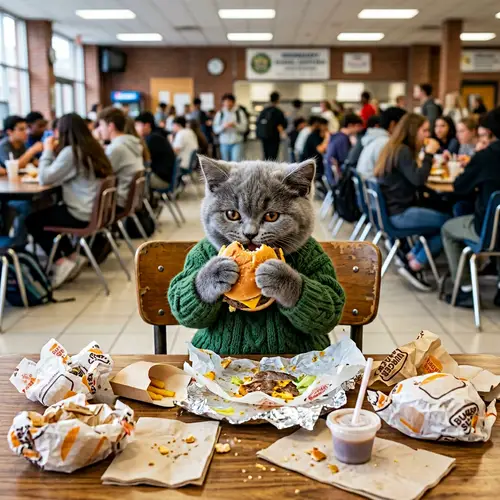 Chubby Gray British Kitten in Green Sweater Eating Hamburger in School Cafeteria