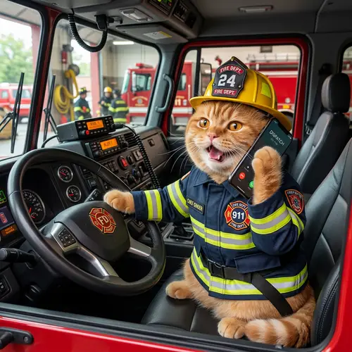 Cheerful Cat Talking on Cell Phone | British Shorthair Firefighter