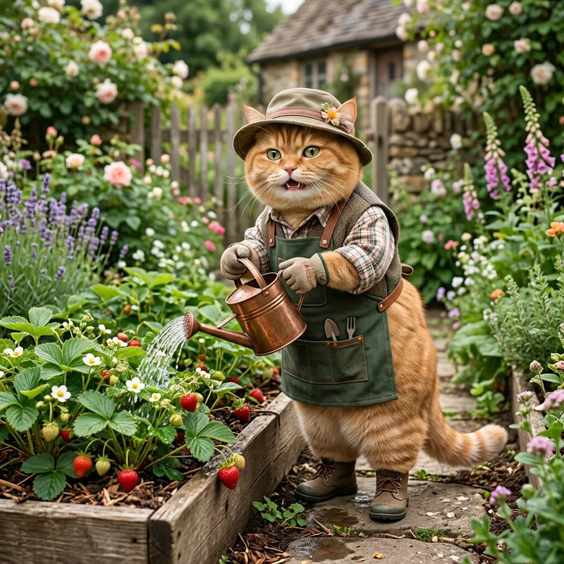 Charming Orange British Cat as a Gardener