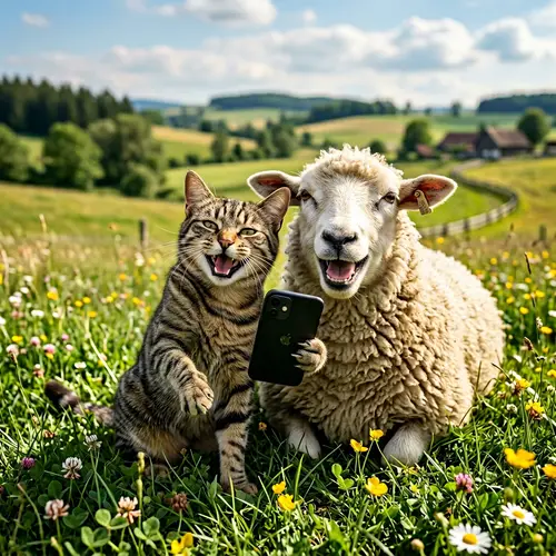 Hyperrealistic Cat and Sheep Selfie Outdoors | Photography Art