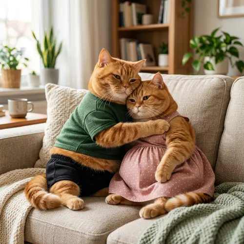 Adorable Ginger British Shorthair Cats Embrace in Cozy Setting