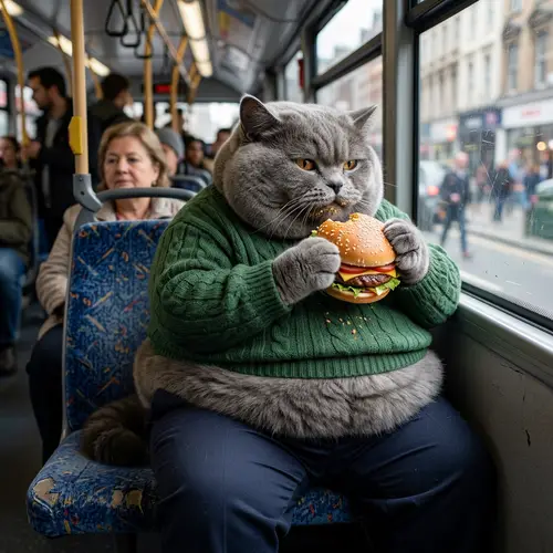 Realistic Grey British Shorthair Cat in Green Sweater Eating Hamburger