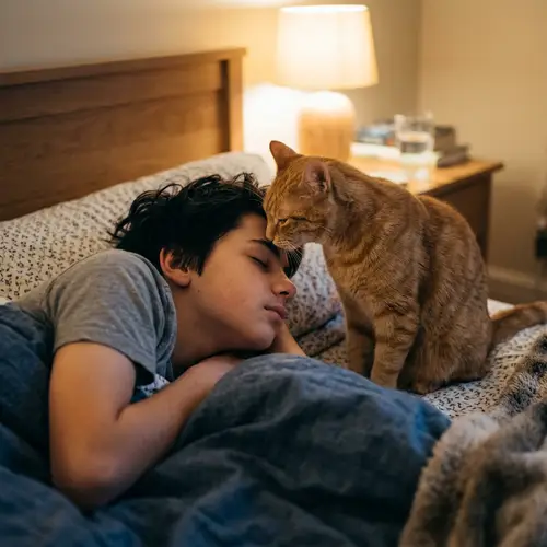 Beautiful 15-Year-Old Boy Sleeping Peacefully with Ginger Cat