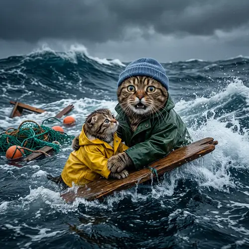 Scared Scottish Cat and Kitten Sinking in Blue Waves